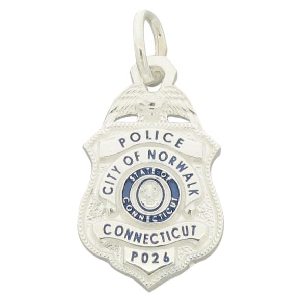 Custom Norwalk CT Police Officer badge pendant in sterling silver with standing letter seal bezel and enamel.