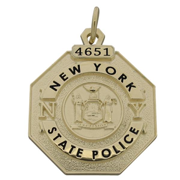 Custom New York State Police badge pendant in 10k yellow gold with black enamel.