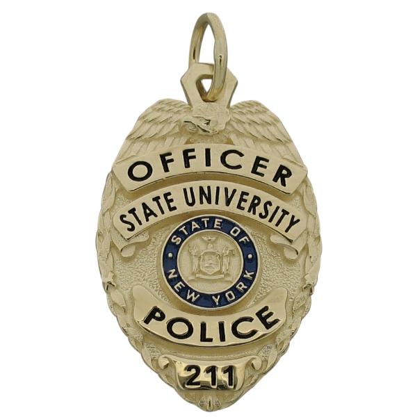 Custom New York State University Police Officer badge pendant in 10k yellow gold with blue and black enamel.