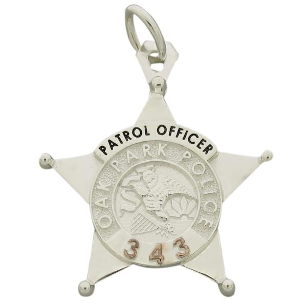 Custom Oak Park IL Police Officer badge pendant in sterling silver with rose gold plated badge number.