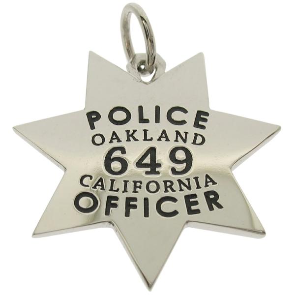 Custom Oakland CA Police Officer badge pendant in 14k white gold with black enamel.