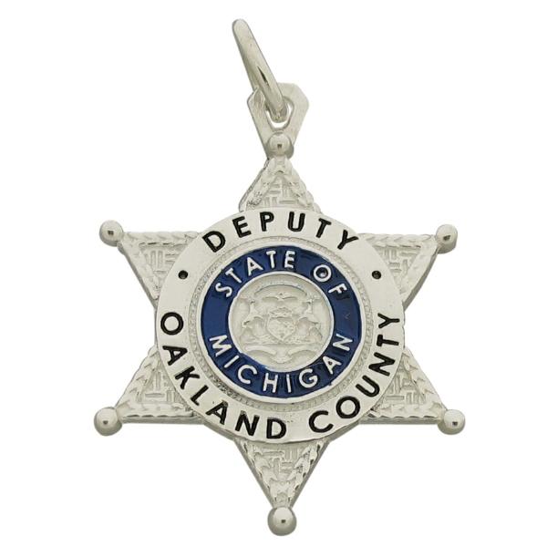 Custom Oakland MI Sheriff's Deputy badge memorial pendant in sterling silver with blue and black enamel.