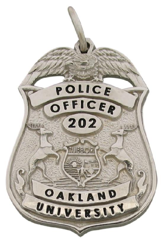 Custom Oakland University MI Police Officer badge pendant in 18k white gold with black enamel text.