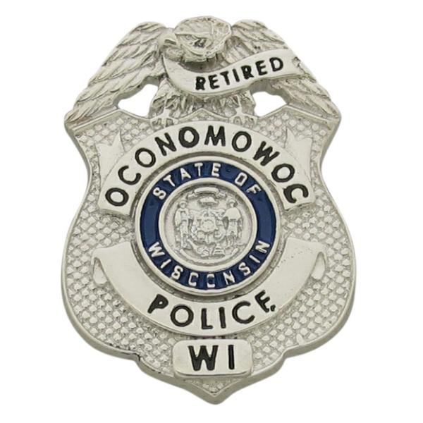 Custom Oconomowoc WI Police badge lapel pin in sterling silver with blue and black enamel.