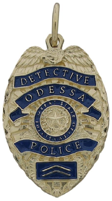Custom Odessa (TX) Police Detective badge pendant in 10k yellow gold with standing text and blue enamel background.