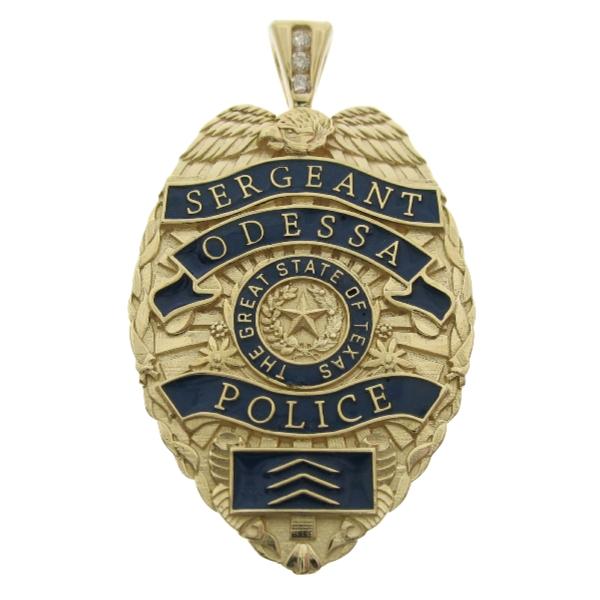 Custom Odessa TX Police Sergeant badge pendant in 14k yellow gold with 3-diamond bail and blue enamel.
