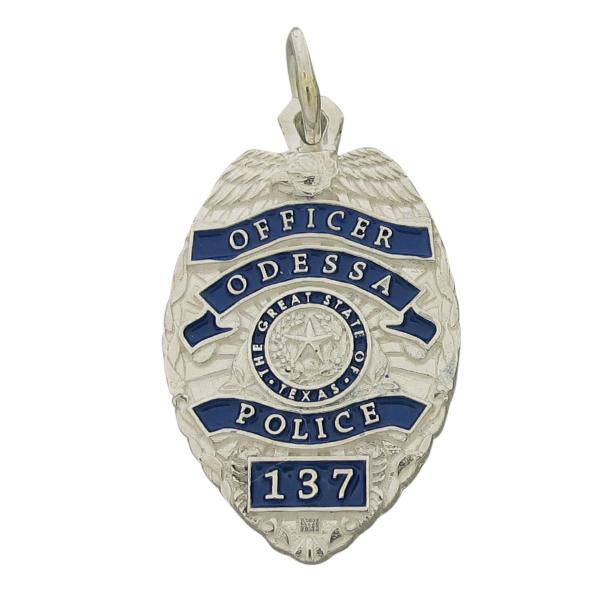 Custom Odessa TX Police Officer memorial badge pendant in sterling silver with blue enamel and standing letter detail.