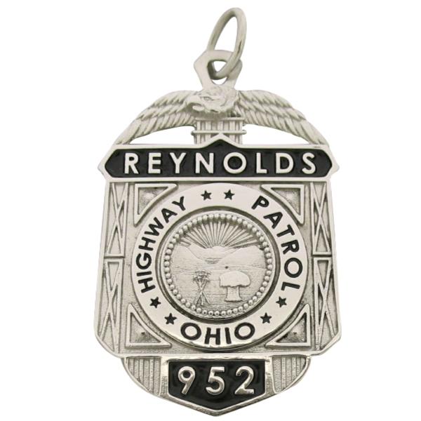 Custom Ohio State Patrol Trooper badge pendant in 10k white gold with black enamel.