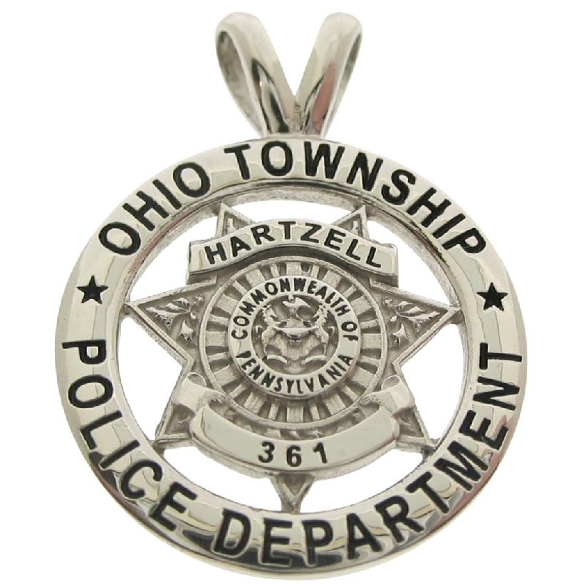 Custom Ohio Twp. PA Police Officer badge pendant in 10k white gold with black enamel.