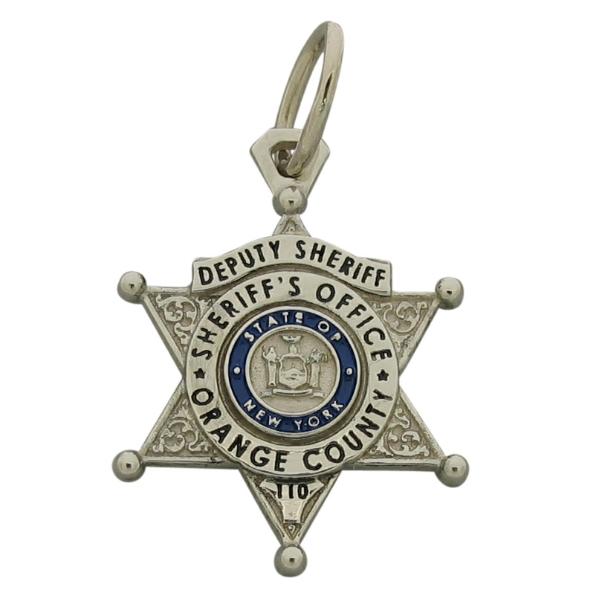 Custom Orange County NY Sheriff's Deputy badge pendant in 10k white gold with blue and black enamel.