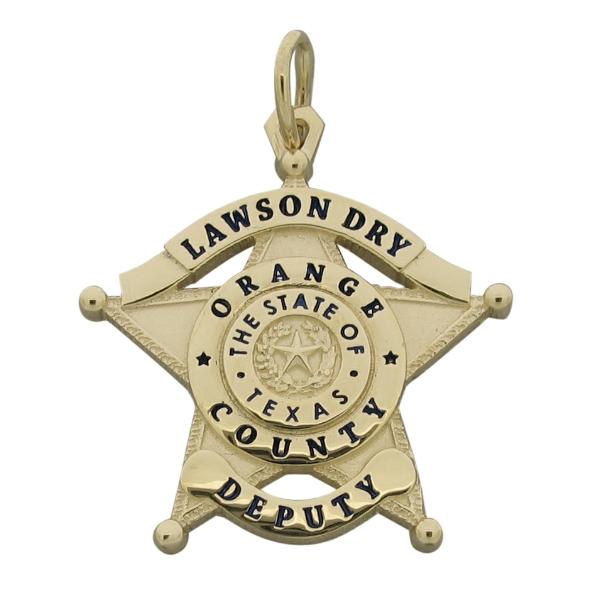 Custom Orange County TX Sheriff's Deputy badge pendant in 10k yellow gold with black enamel.