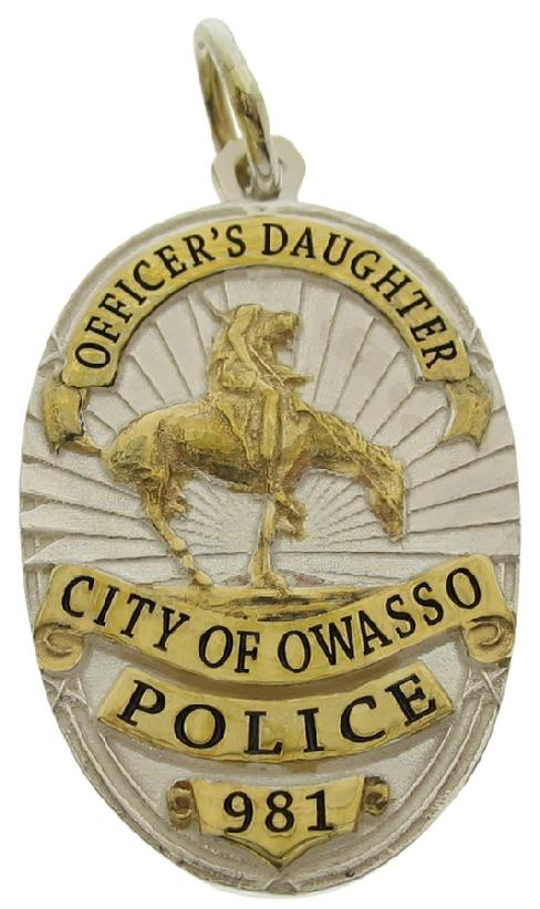 Custom Owasso OK Police Officer badge pendant in sterling silver with gold plated two tone finish and black enamel text.