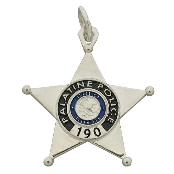 Custom Palatine IL Police Officer badge pendant in sterling silver with blue and black enamel.