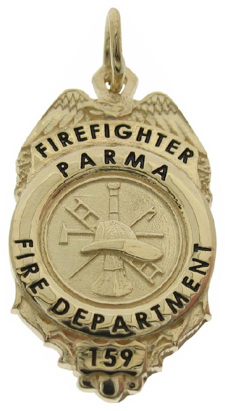 Custom Parma OH Firefighter badge pendant in 14k yellow gold with fire scramble center seal and black enamel.