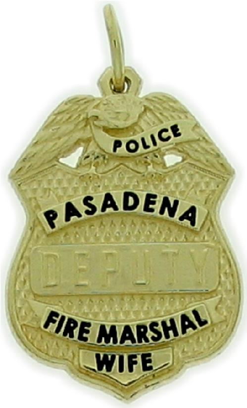 Custom Pasadena (TX) Deputy Fire Marshal badge pendant in 10k yellow gold with black enamel text.