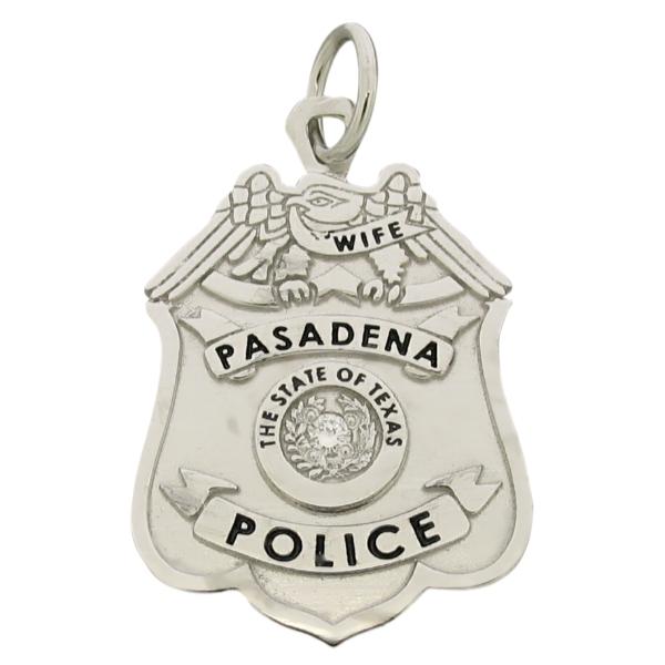 Custom Pasadena TX Police Officer badge pendant with an optional 0.04 ct. round brilliant diamond and black enamel.