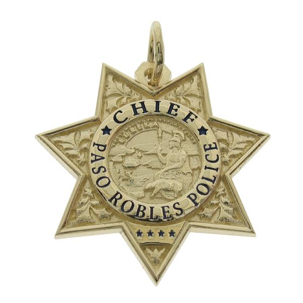 Custom Paso Robles CA Police Chief badge pendant in 14k yellow gold with enamel.