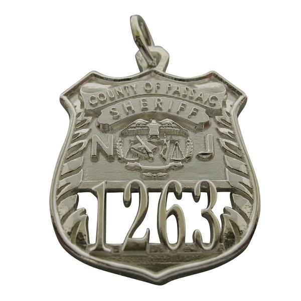 Custom Passaic County NJ Sheriff Deputy badge pendant in sterling silver with standing letters and cutout numbers.
