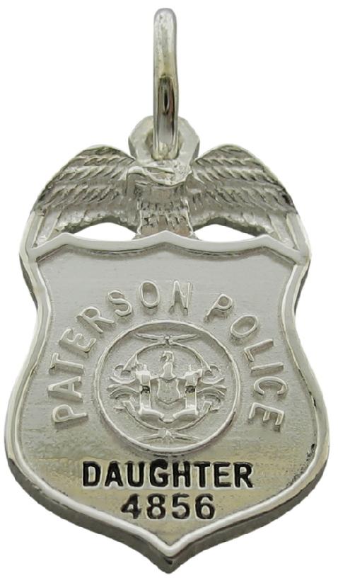 Custom Paterson, NJ Police Officer badge charm in sterling silver with raised letters and center seal, engraved text and badge number, black enamel.