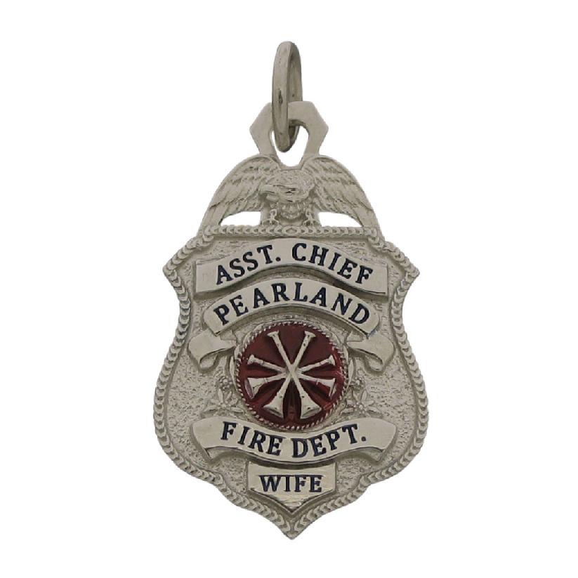 Custom Pearland (TX) Fire Department Assistant Chief badge pendant in 10k white gold with black and red enamel.
