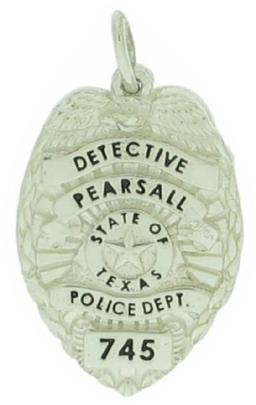 Custom Pearsall, TX Police Officer badge pendant in sterling silver with black enamel
