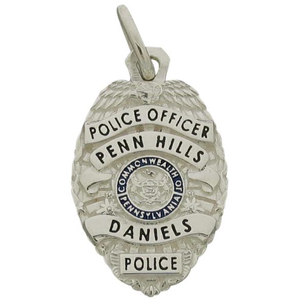 Custom Penn Hills Police Officer badge pendant in sterling silver with black and blue enamel.