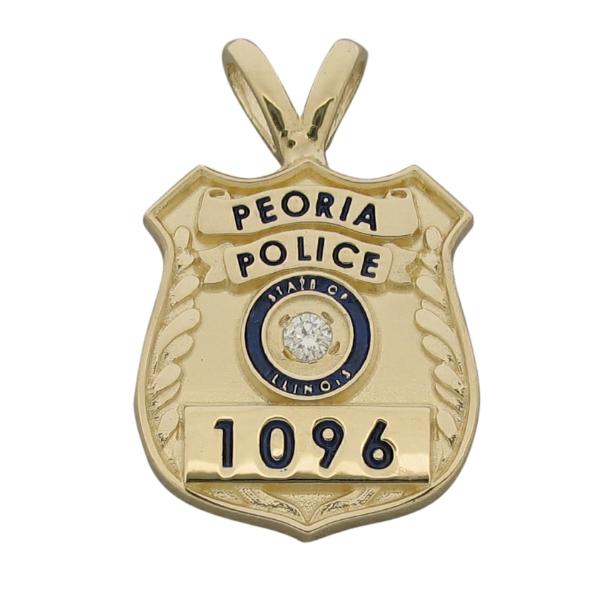 Custom Peoria IL Police badge pendant in 14k yellow gold with a .05 ct. round brilliant diamond, standing letter seal bezel, optional 'Y' bail and enamel.