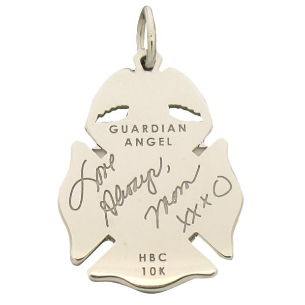 Custom Prince George's County MD Firefighter badge pendant in 10k white gold with black and red enamel highlights and special handwriting replication on reverse side.