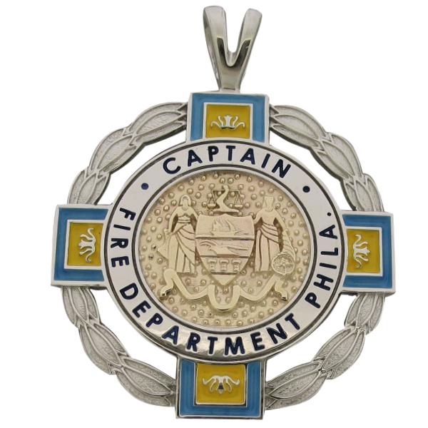 Custom Philiadelphia PA Fire Department Captain badge pendant in 10k yellow gold with rhodium plate two tone finish and multiple colors of enamel.