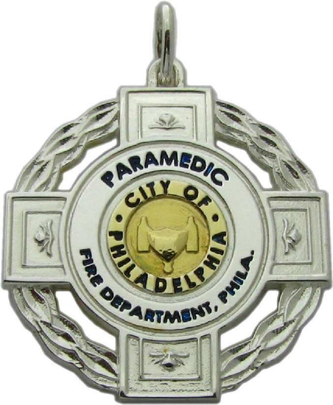 Philadelphia, Pennsylvania PA Fire Paramedic custom badge charm pendant in sterling silver with gold plated center detail