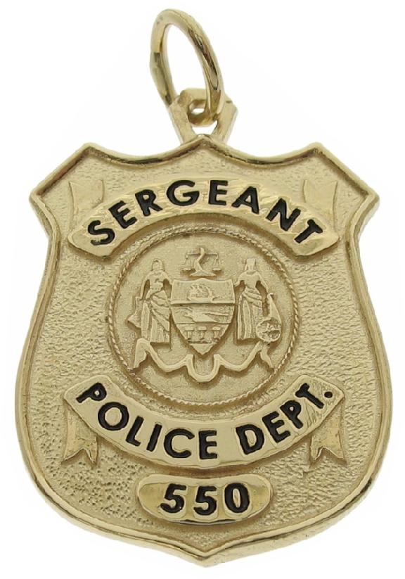 Custom Philadelphia (PA) Police Sergeant badge pendant in 14k yellow gold with black enamel.
