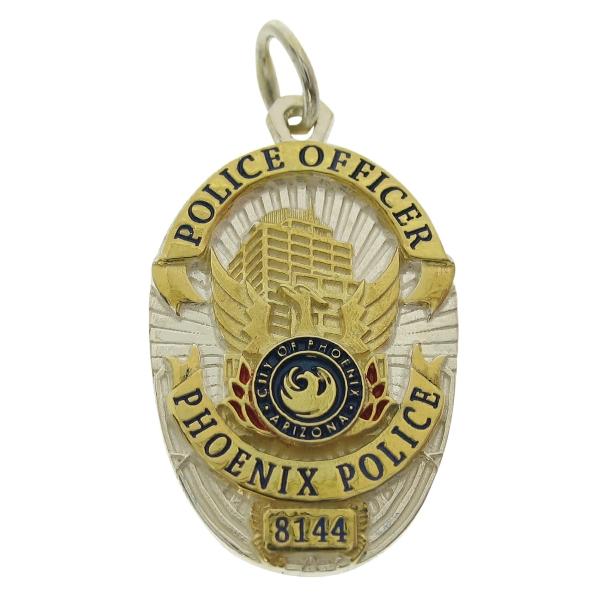 Custom Phoenix AZ Police Officer memorial badge pendant in two tone sterling silver with red and blue enamel and standing letter detail.