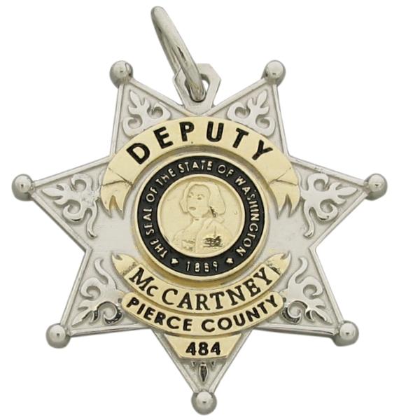 Custom Pierce WA Sheriff's Deputy memorial badge pendant in 10k yellow gold with rhodium plate two tone finish.