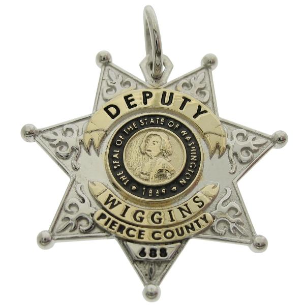 Custom Pierce County WA Sheriff Deputy badge pendant in 10k yellow gold with rhodium plating and black enamel.