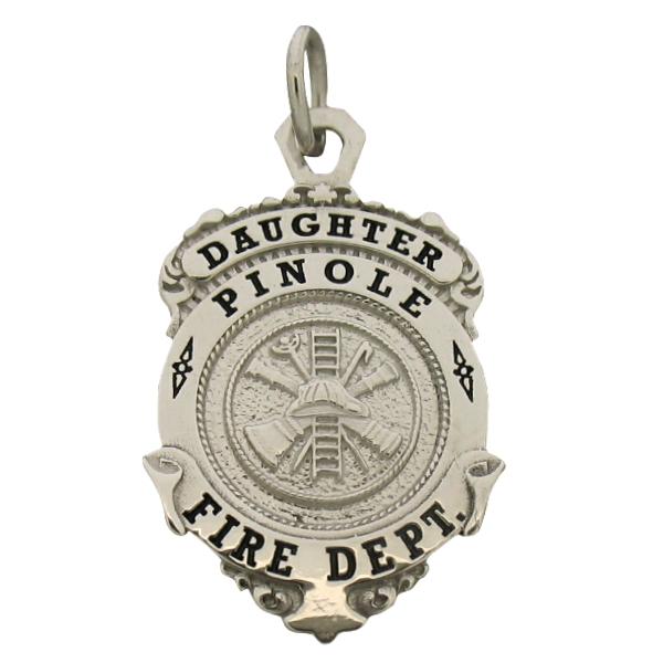 Custom Pinole CA Firefighter's Daughter badge pendant in 10k white gold with black enamel text.