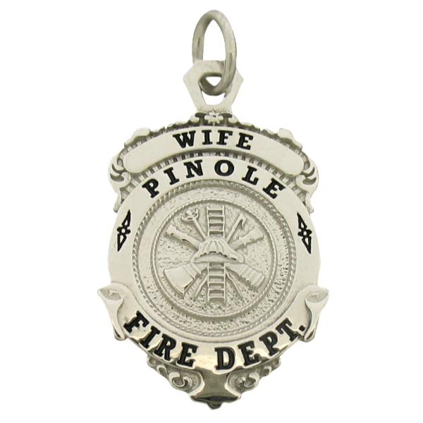 Custom Pinole CA Firefighter's Wife badge pendant in 10k white gold with black enamel text.