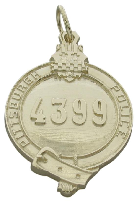 Custom Pittsburgh, PA Police Officer badge pendant in 10k yellow gold with raised text and badge number.