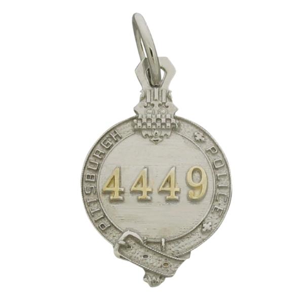 Custom Pittsburg PA Police Officer badge pendant in 10k yellow gold with rhodium plated two finish.