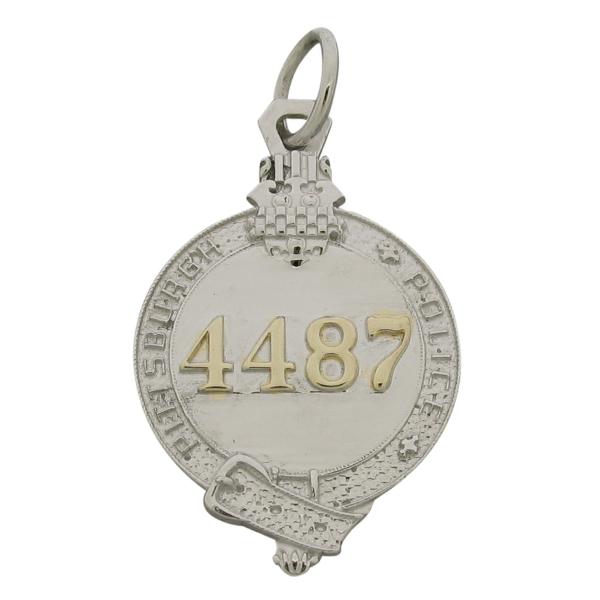 Custom Pittsburgh PA Police Officer badge pendant in 10k white gold with gold plated numbers.