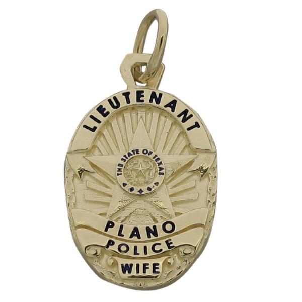 Custom Plano TX Police Lieutenant's Wife badge pendant in 10k yellow with black enamel.
