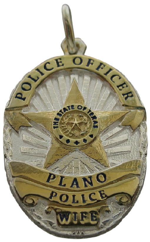 Custom Plano, TX Police Officer badge pendant in sterling silver with gold plated ribbons and center, Black enamel text.