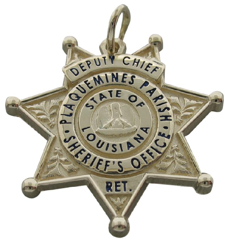 Custom Plaquemines Parish, LA Sheriff's Deputy Chief badge pendant in 10k yellow gold with black enamel.