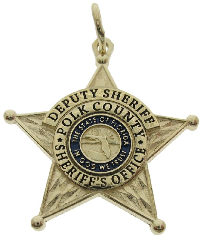 Custom Polk County FL Deputy Sheriff badge pendant in 10k yellow gold with raised letter text, blue enamel background, and black enamel text.