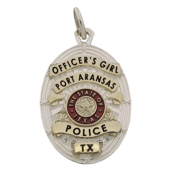 Custom Port Aransas TX Police Officer badge pendant in sterling silver with gold plated ribbons and seal, black and red enamel.