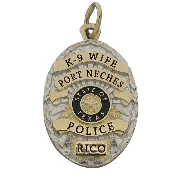 Custom Port Neches TX Police K9 Officer badge pendant in 14k gold with two tone finish and black enamel.