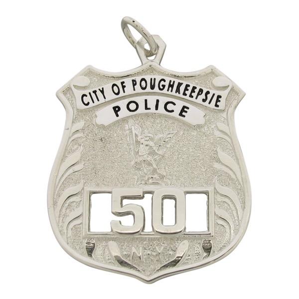 Custom Poughkeepsie NY Police Officer badge pendant in sterling silver with black enamel and cutout badge number.