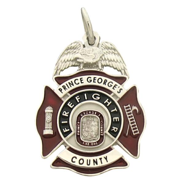 Custom Prince George's County MD Firefighter badge pendant in 10k white gold with black and red enamel highlights and special handwriting replication on reverse side.