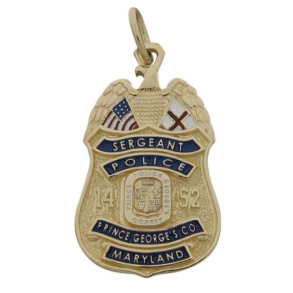Custom Prince George's County Police Sergeant badge pendant in 14k yellow gold with red, white and blue enamel and flags.