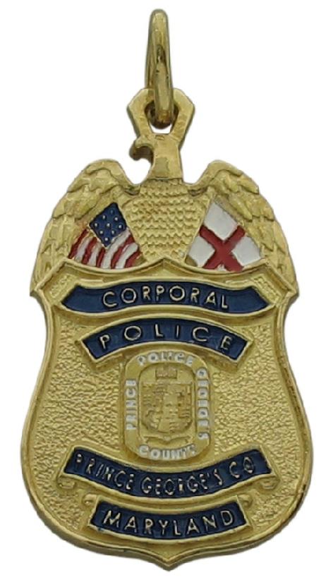 Custom Prince George's County, MD Police Corporal memorial badge pendant in gold plated sterling silver with blue, red, and white enamel.