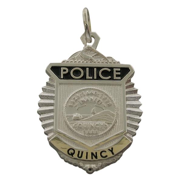 Custom Quincy MA Police Officer badge pendant in sterling silver with black enamel.